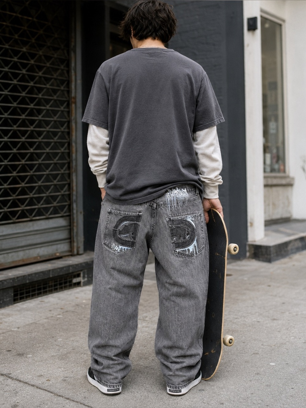 Vintage Y2K Ecko Unltd W38 Baggy Jeans Gray Giant Rhino Logo Hip Hop Skater